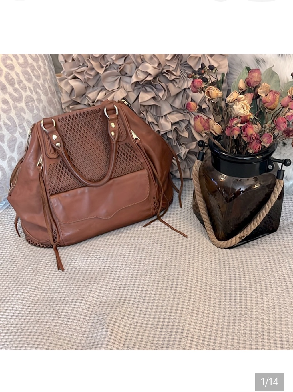 Rebecca Minkoff Cognac Tan Brown Leather Soft Satchel Laptop Carry On Tote Bag